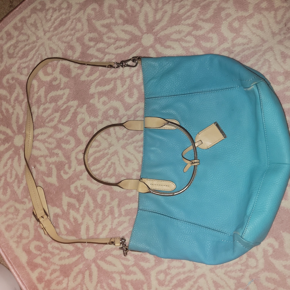 Blue and Tan Leather Shoulder Bag with Gold Hardware
